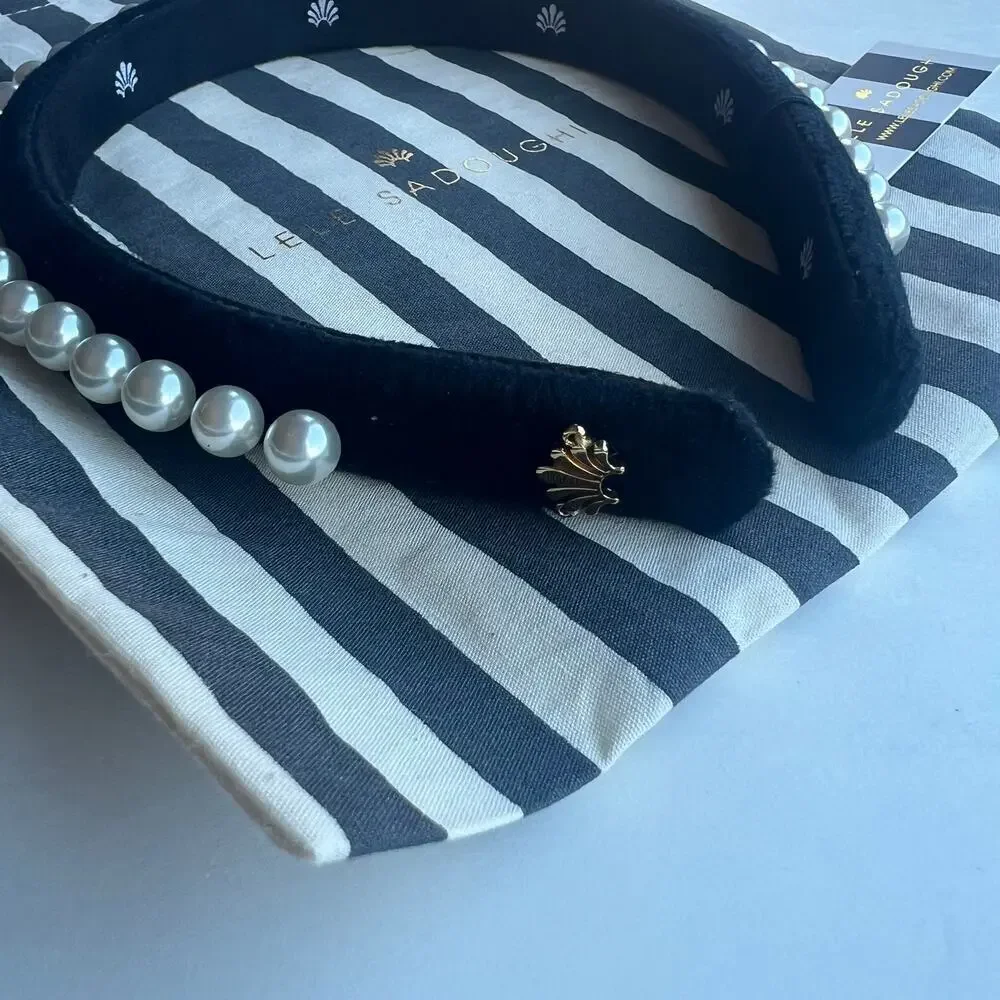 Lele Sadoughi Pearls Jet Black Velvet Slim Headband NEW